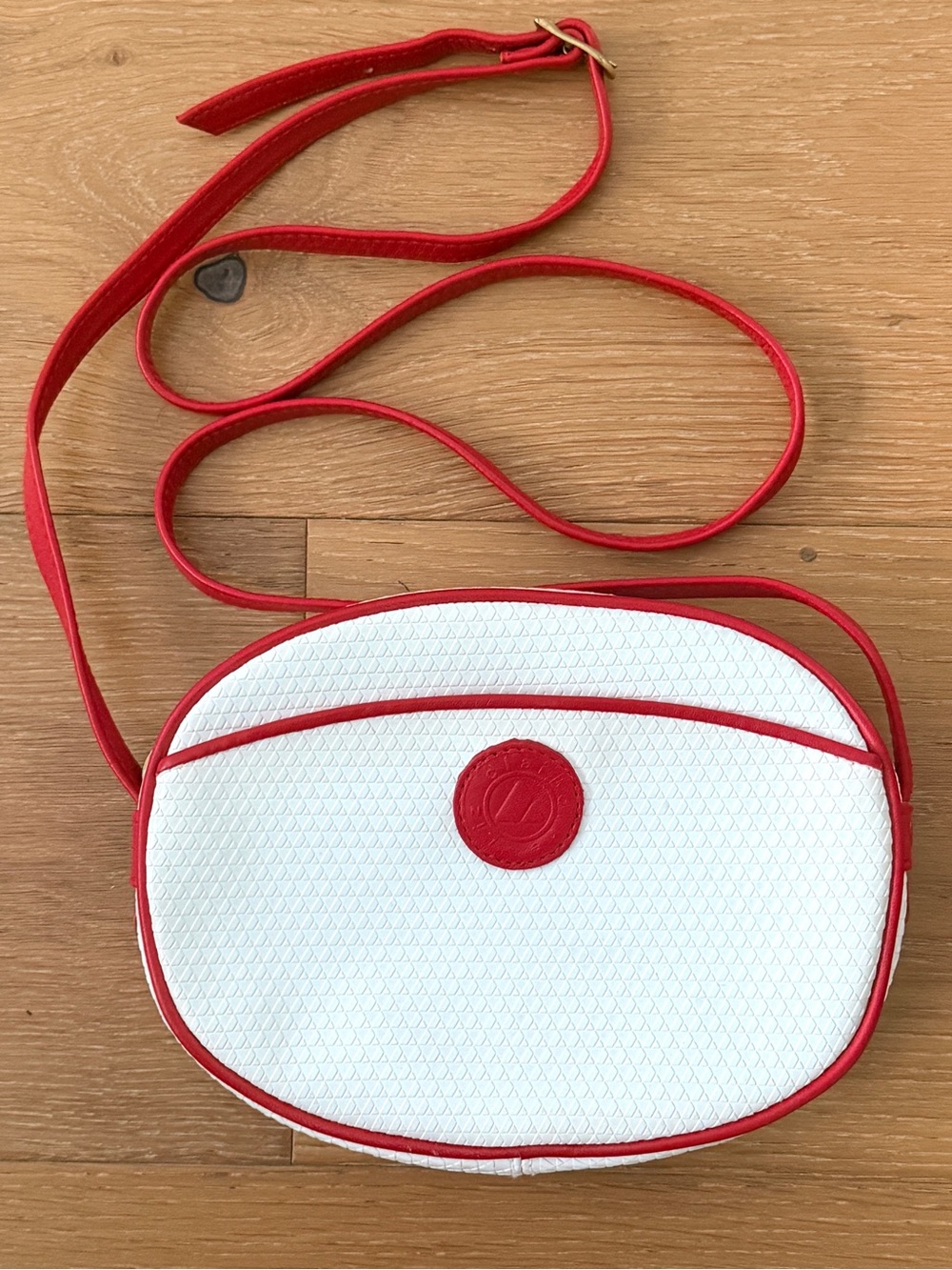 Vintage 80s Liz Claiborne Lattice Logo Oval Crossbody Bag Purse White Red